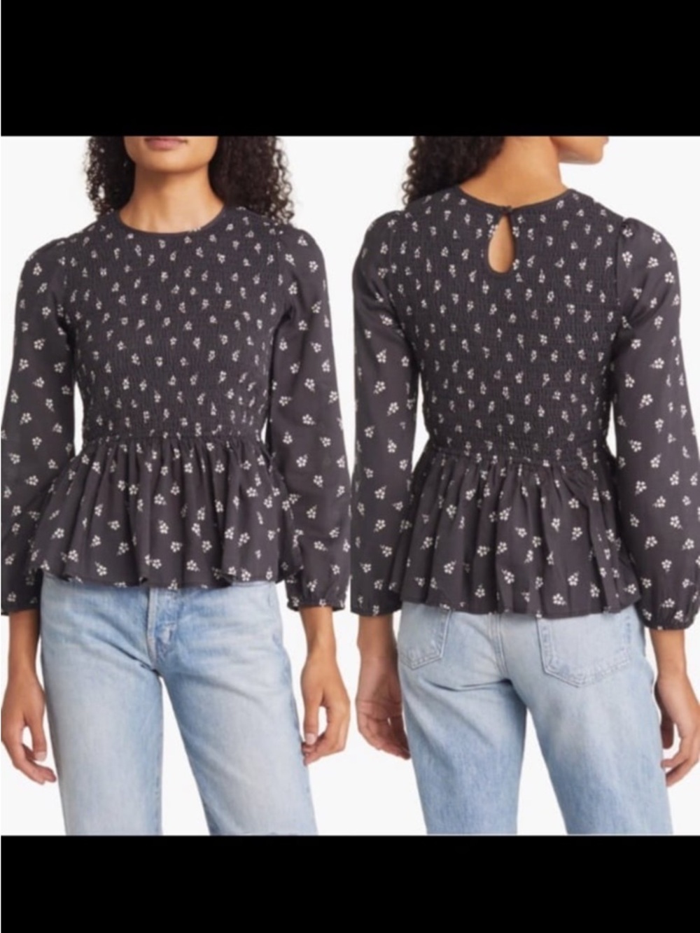 Marine Layer Gabrielle Ditsy Floral Smocked Peplum Top - Size Medium